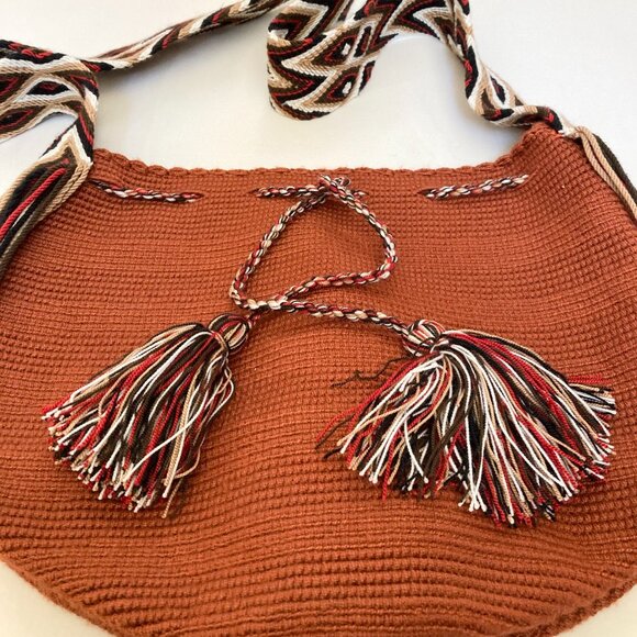 Handcrafted Woven Crossbody Tote Bag In Rust W/Multi-Colored Tassels | Unisex - Picture 4 of 12